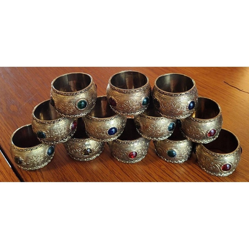 Vintage Brass Napkin Rings Etched Glass Cobachon Gothic Romantic Castlecore EXC